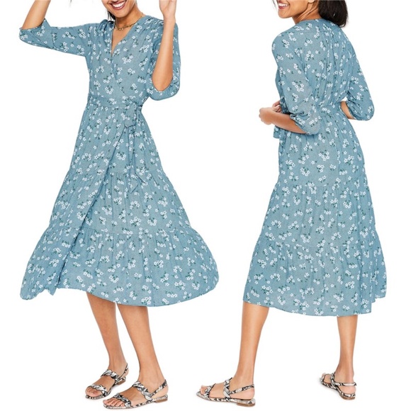Boden 'Aurora' Blue Daisy Print Midi Wrap Dress US 6L - Picture 2 of 4